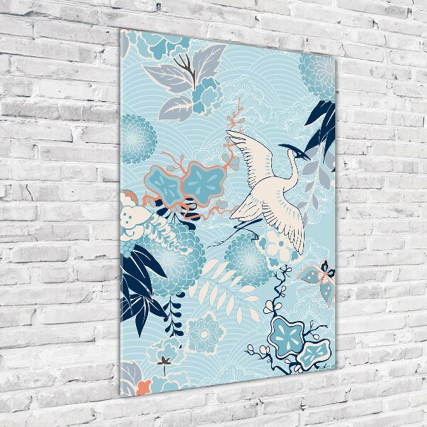 Cuadro de metacrilato moderno efecto cristal vertical Grulla y flores