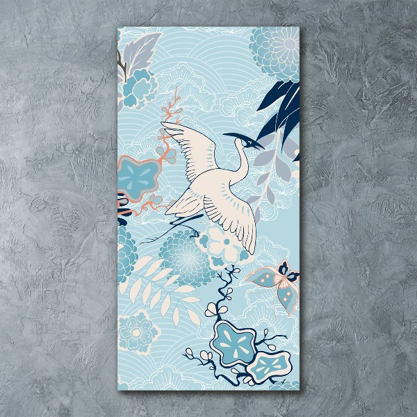 Cuadro de metacrilato moderno efecto cristal vertical Grulla y flores