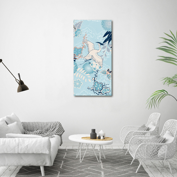 Cuadro de metacrilato moderno efecto cristal vertical Grulla y flores