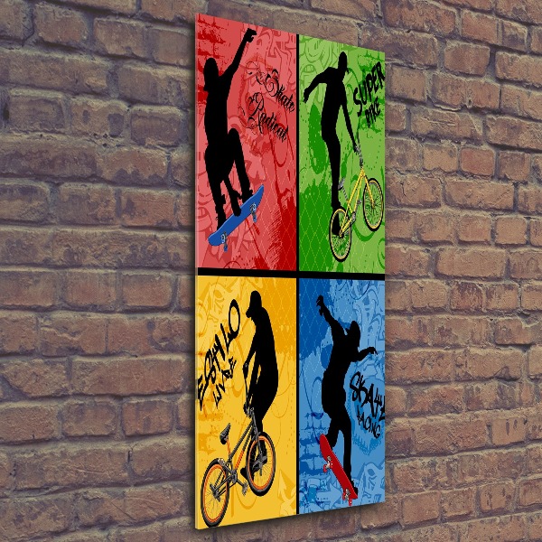 Cuadro de metacrilato moderno efecto cristal vertical Bicicleta y patineta