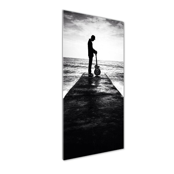 Cuadro de metacrilato moderno efecto cristal vertical Guitarrista en el muelle