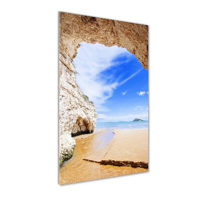 Cuadro de metacrilato moderno efecto cristal vertical Cueva junto al mar
