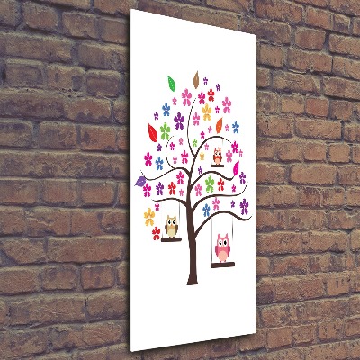 Cuadro de metacrilato moderno efecto cristal vertical Búhos en columpios