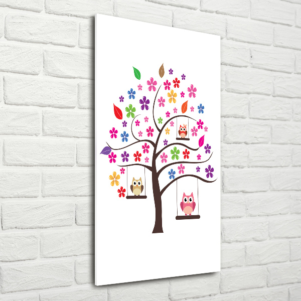 Cuadro de metacrilato moderno efecto cristal vertical Búhos en columpios