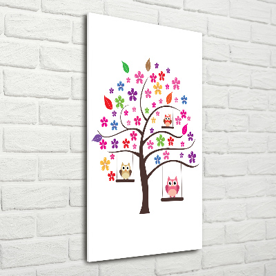 Cuadro de metacrilato moderno efecto cristal vertical Búhos en columpios