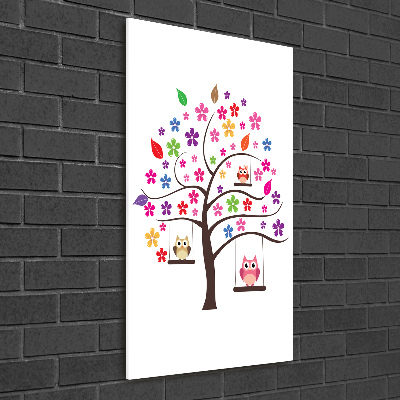 Cuadro de metacrilato moderno efecto cristal vertical Búhos en columpios