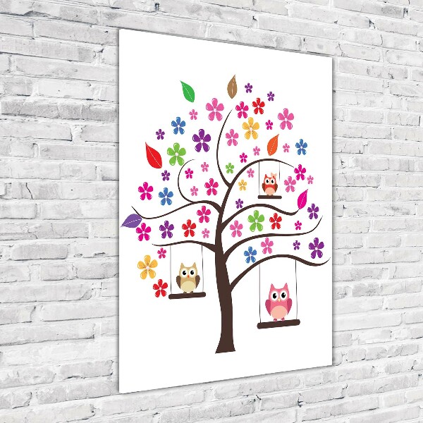 Cuadro de metacrilato moderno efecto cristal vertical Búhos en columpios