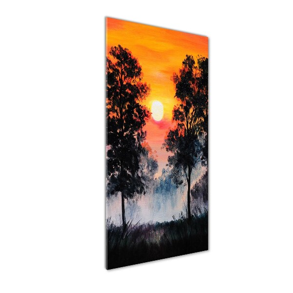 Cuadro de metacrilato moderno efecto cristal vertical Bosque al atardecer