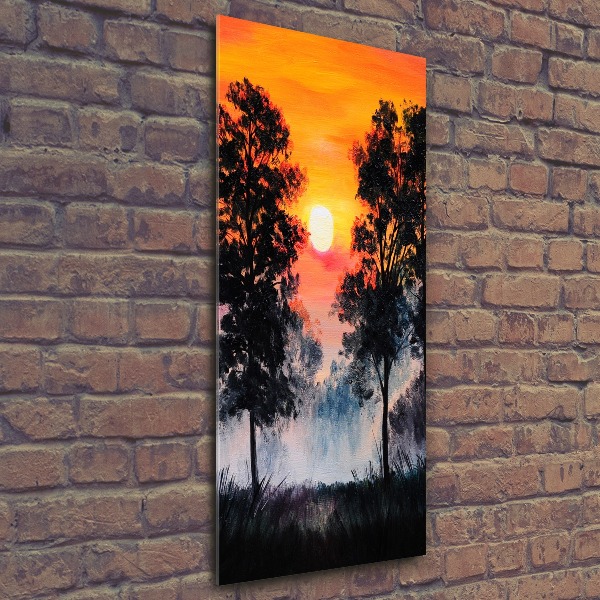 Cuadro de metacrilato moderno efecto cristal vertical Bosque al atardecer