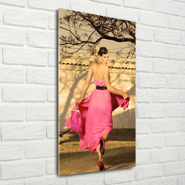Cuadro de metacrilato moderno efecto cristal vertical Mujer de rosa