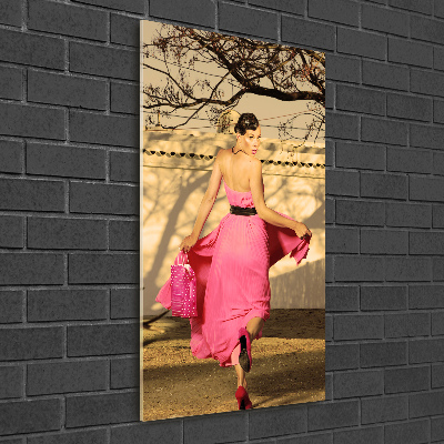 Cuadro de metacrilato moderno efecto cristal vertical Mujer de rosa
