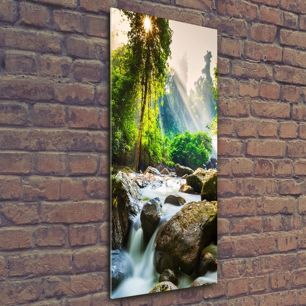 Cuadro decorativo en acrílico brillante vertical Cascada en el bosque