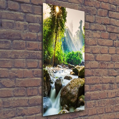 Cuadro decorativo en acrílico brillante vertical Cascada en el bosque
