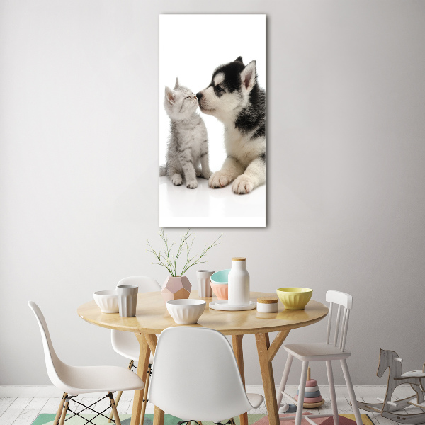 Cuadro decorativo en acrílico brillante vertical Perro y gato