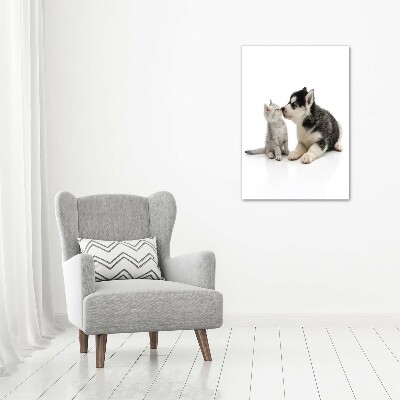Cuadro decorativo en acrílico brillante vertical Perro y gato
