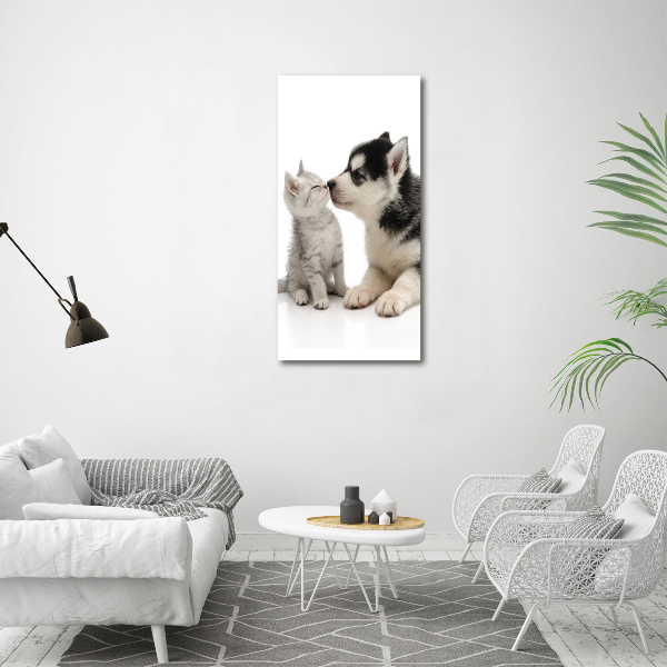 Cuadro decorativo en acrílico brillante vertical Perro y gato