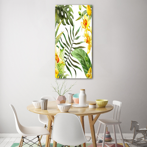 Cuadro de metacrilato moderno efecto cristal vertical flores tropicales