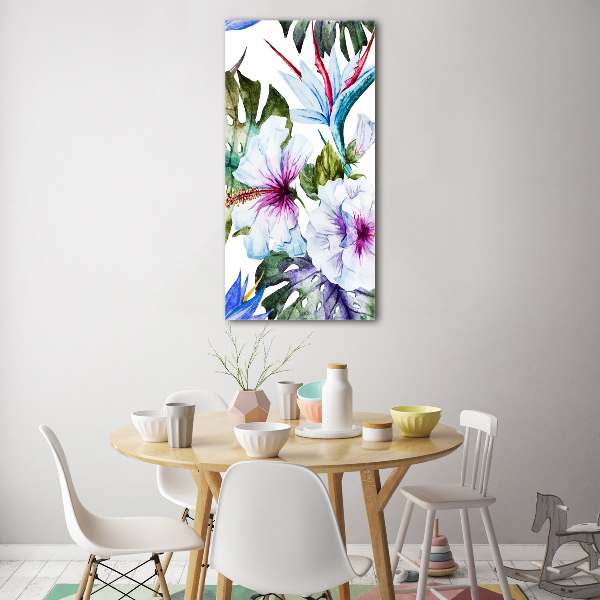 Cuadro de metacrilato moderno efecto cristal vertical flores hawaianas