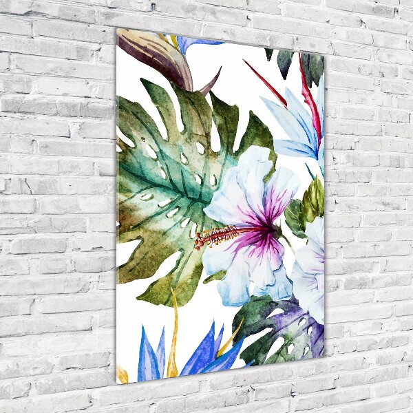 Cuadro de metacrilato moderno efecto cristal vertical flores hawaianas