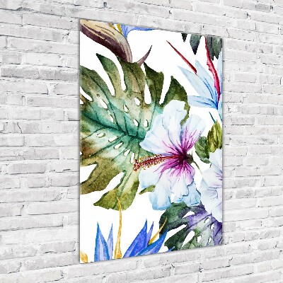 Cuadro de metacrilato moderno efecto cristal vertical flores hawaianas