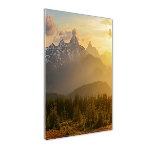 Cuadro decorativo en acrílico brillante vertical Puesta de sol sobre las montañas