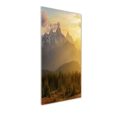 Cuadro decorativo en acrílico brillante vertical Puesta de sol sobre las montañas