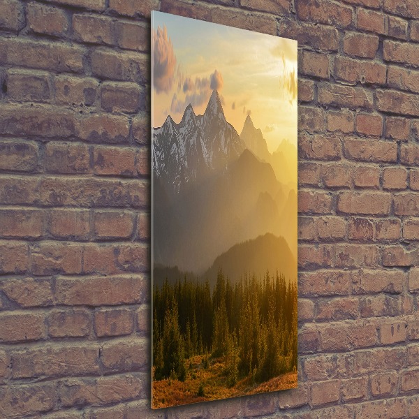 Cuadro decorativo en acrílico brillante vertical Puesta de sol sobre las montañas