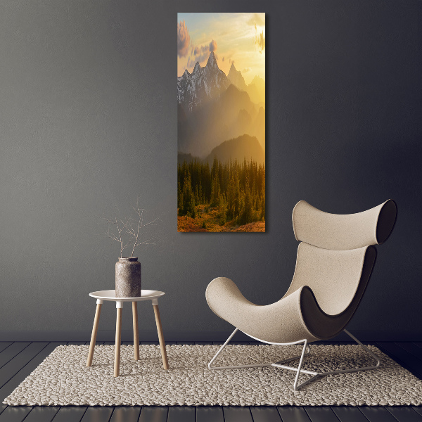 Cuadro decorativo en acrílico brillante vertical Puesta de sol sobre las montañas