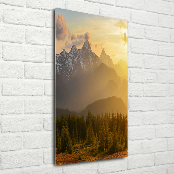 Cuadro decorativo en acrílico brillante vertical Puesta de sol sobre las montañas
