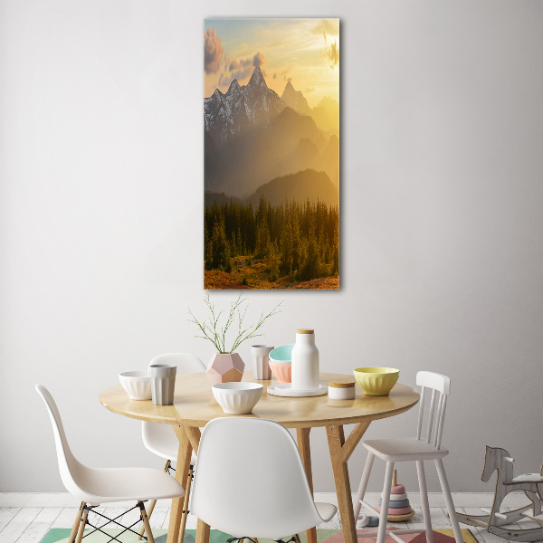 Cuadro decorativo en acrílico brillante vertical Puesta de sol sobre las montañas