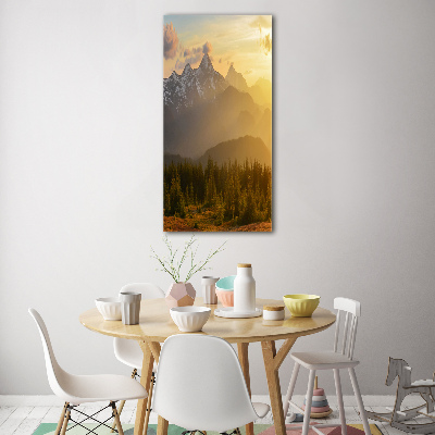 Cuadro decorativo en acrílico brillante vertical Puesta de sol sobre las montañas