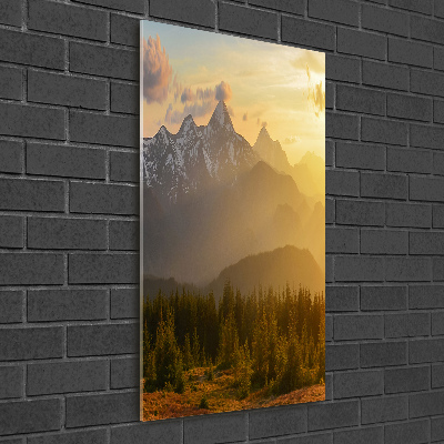 Cuadro decorativo en acrílico brillante vertical Puesta de sol sobre las montañas