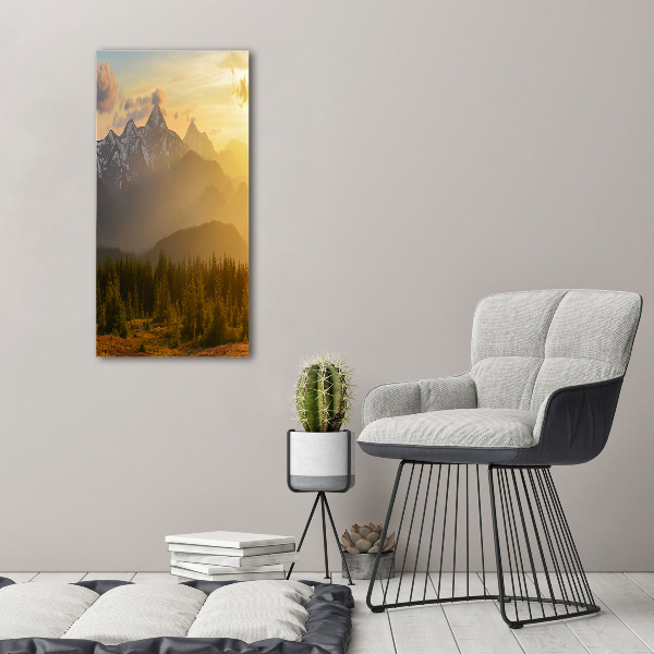 Cuadro decorativo en acrílico brillante vertical Puesta de sol sobre las montañas