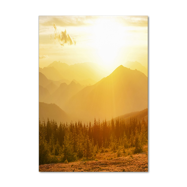 Cuadro decorativo en acrílico brillante vertical Puesta de sol sobre las montañas