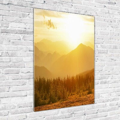 Cuadro decorativo en acrílico brillante vertical Puesta de sol sobre las montañas