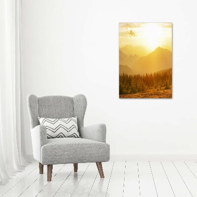 Cuadro decorativo en acrílico brillante vertical Puesta de sol sobre las montañas