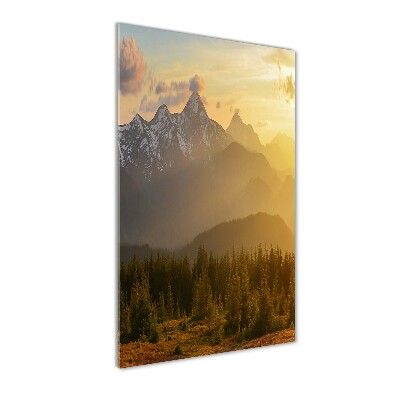 Cuadro decorativo en acrílico brillante vertical Puesta de sol sobre las montañas