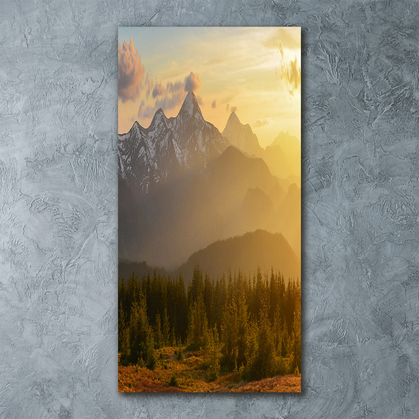 Cuadro decorativo en acrílico brillante vertical Puesta de sol sobre las montañas