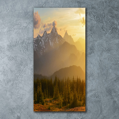 Cuadro decorativo en acrílico brillante vertical Puesta de sol sobre las montañas