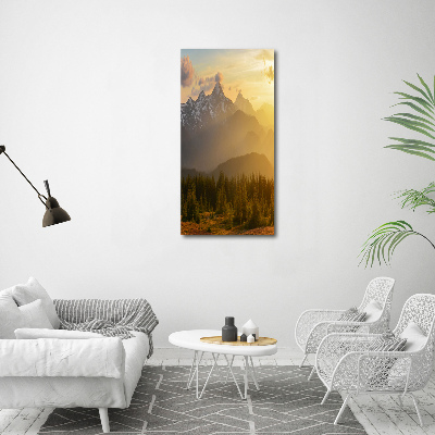 Cuadro decorativo en acrílico brillante vertical Puesta de sol sobre las montañas