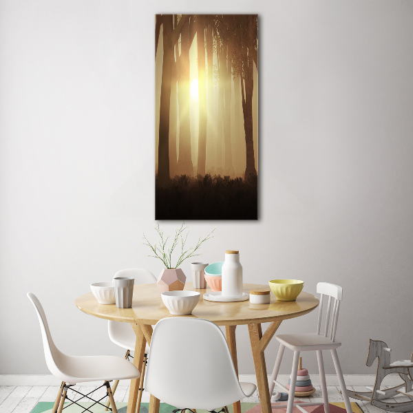 Cuadro de metacrilato moderno efecto cristal vertical Niebla en el bosque