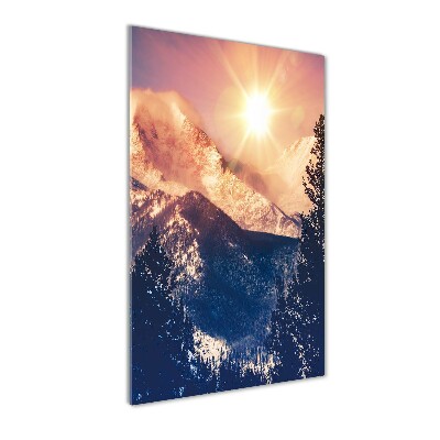 Cuadro de metacrilato moderno efecto cristal vertical El sol sobre las montañas