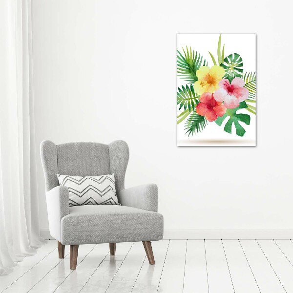 Cuadro de metacrilato moderno efecto cristal vertical flores hawaianas