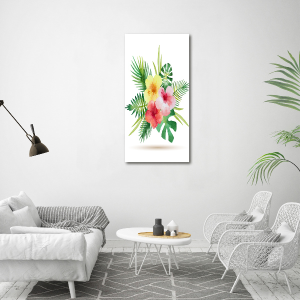 Cuadro de metacrilato moderno efecto cristal vertical flores hawaianas