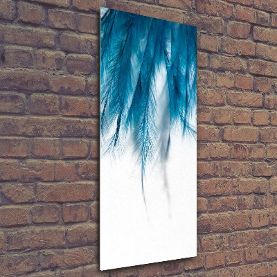 Cuadro de metacrilato moderno efecto cristal vertical plumas azules