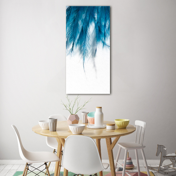 Cuadro de metacrilato moderno efecto cristal vertical plumas azules