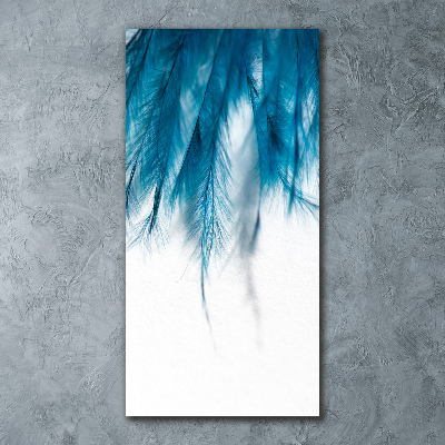 Cuadro de metacrilato moderno efecto cristal vertical plumas azules