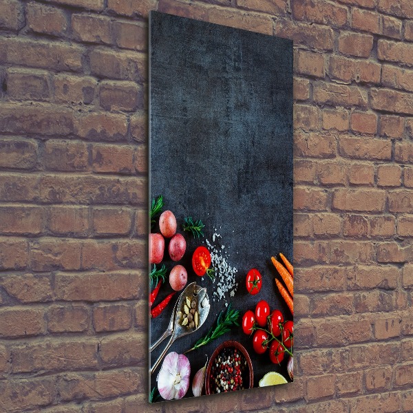 Cuadro de metacrilato moderno efecto cristal vertical Verduras y especias