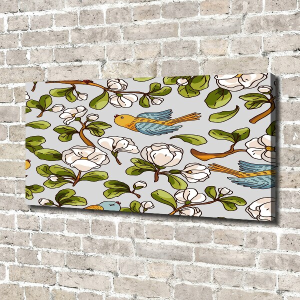 Cuadro canvas moderno de gran formato horizontal Flores y pájaros