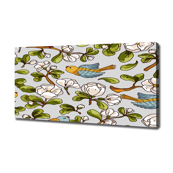 Cuadro canvas moderno de gran formato horizontal Flores y pájaros